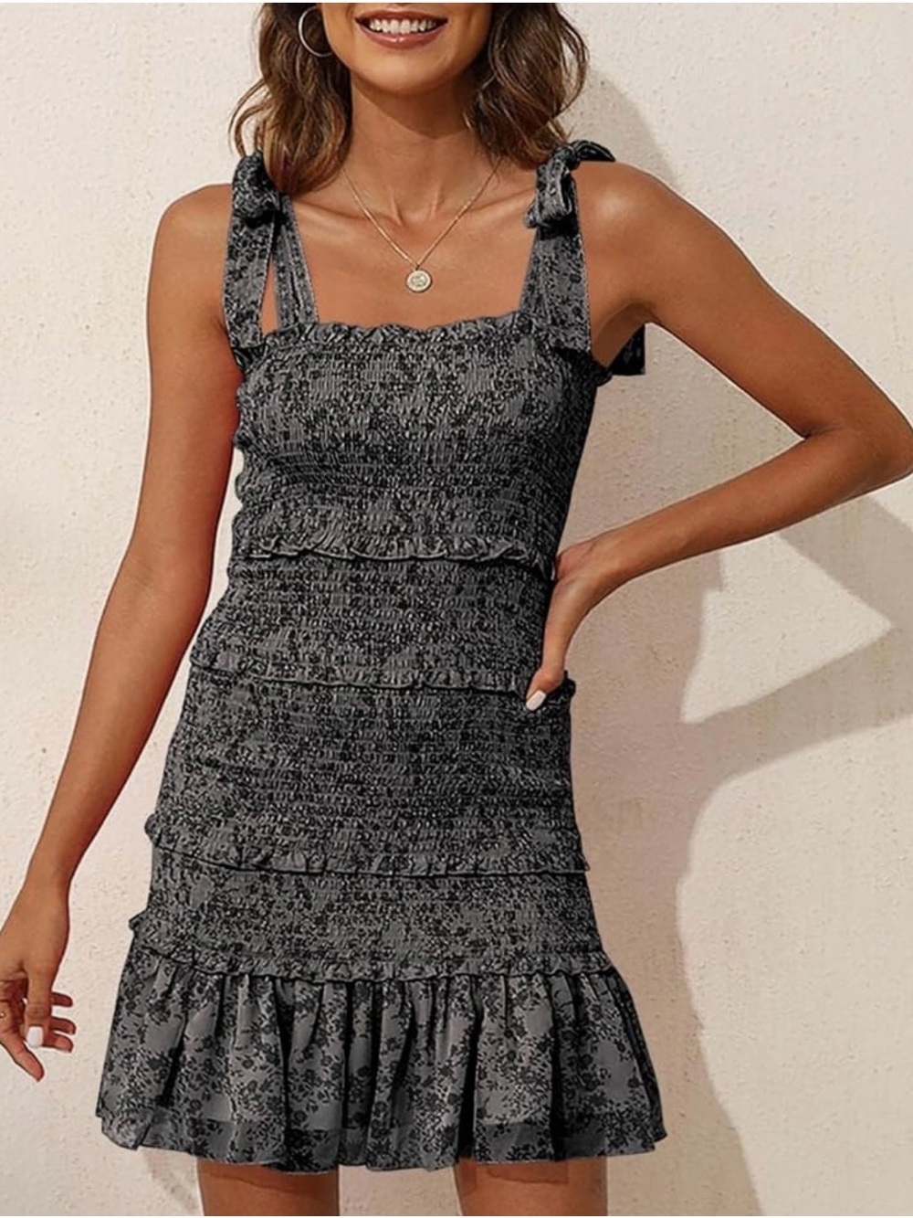 Amazon Black Smocked Ruffle Mini Dress with Tie Straps